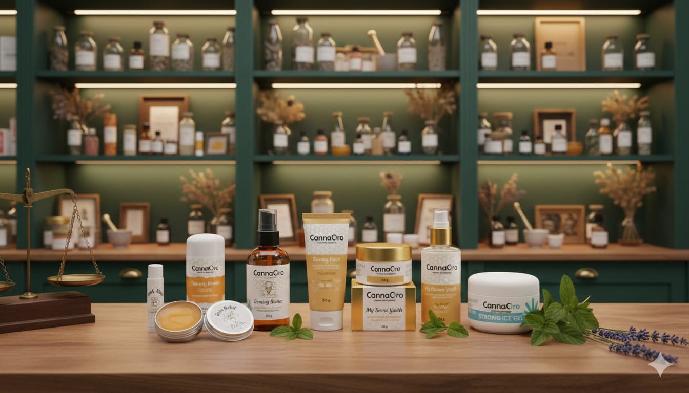Tea leaves and botanical wellness products in warm light